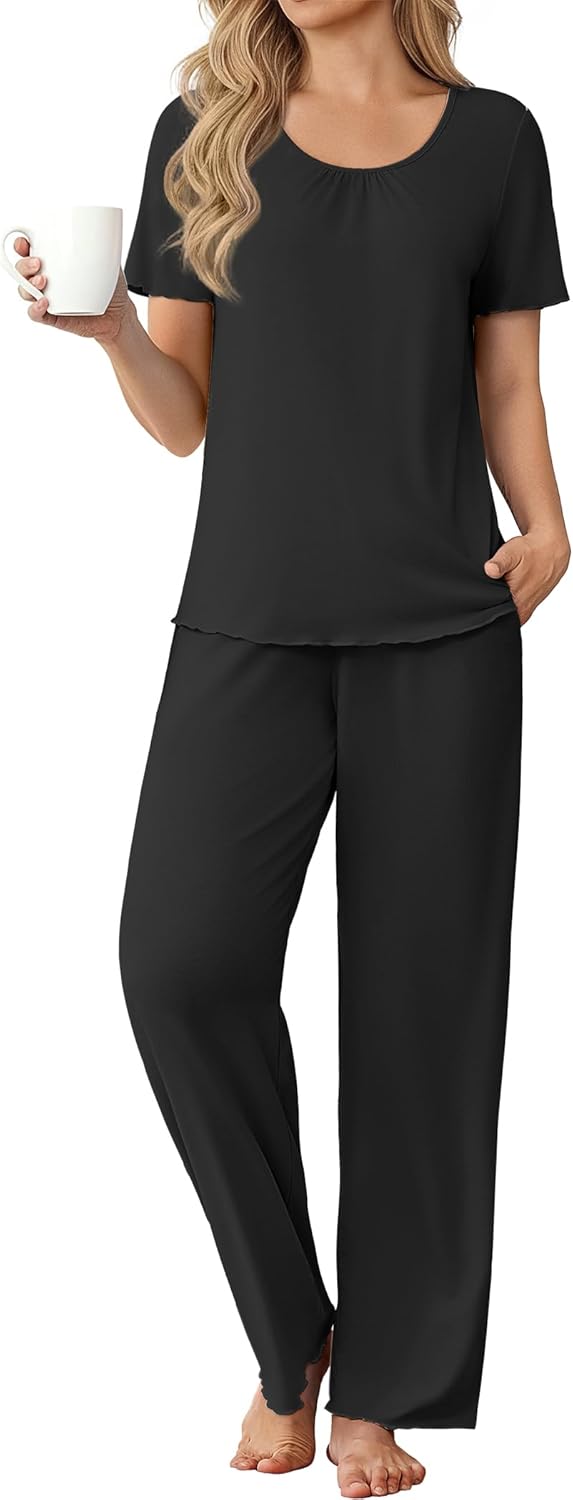 Ekouaer Womens Pajama Sets Viscose from bamboo Lounge Set Soft Pajamas for Women Set Short Sleeve and Long Pants Sleepwear