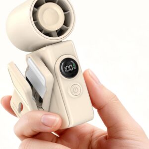 Portable Clip-On Mini Fan, Hands-Free, Turbo Personal Handheld Fans Rechargeable w/ 4 Wind & LED Display, Pocket Size Summer Cooling Essentials for Travel/EyeLash/Beach/Concert, Gifts for Women(Ivory)