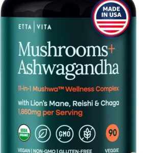 USDA Organic Lions Mane Supplement Capsules with Ashwagandha, Chaga, Reishi, Cordyceps, Turkey Tail - 10x Adaptogenic Mushroom Complex as Focus Supplement - Energy, Immunity & Nootropic