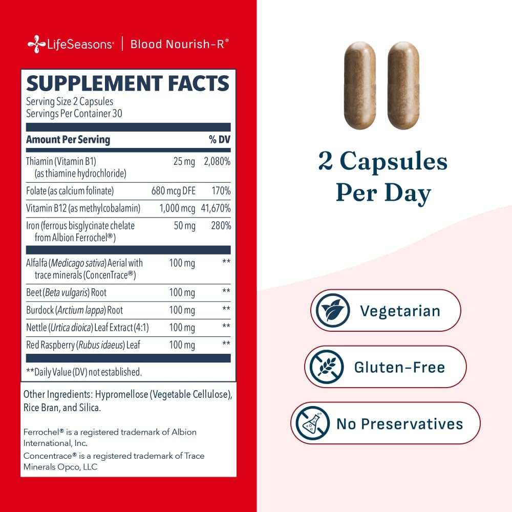 LifeSeasons Blood Nourish-R - Iron Deficiency Supplement - Supports Anemia, Fatigue & Dizziness - No Constipation - Blood Building - Iron, Beet Root, Alfalfa, Raspberry & Vitamin B-12-60 Capsules - Image 5