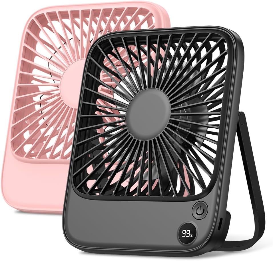 TOPK 2 Pack 5000mAh Portable Desk Fan, Ultra-Thin Rechargeable Battery Operated Fan with Digital Display, Quiet 4-Speed Small Personal Travel Fans for Office, Bedroom, Cruise, Outdoor