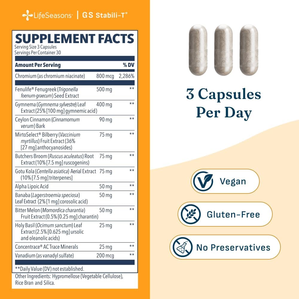 LifeSeasons GS Stabili-T - Blood Sugar Support Supplement - Healthy Circulation & Vision - Maintain Normal Levels - Chromium Cinnamon Gymnema Bilberry & Alpha Lipoic Acid - 90 Capsules - Image 5