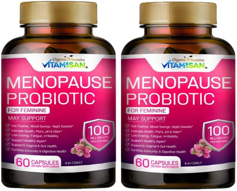 VITAMISAN Menopause Support Probiotic 2 Pack – 100 Billion CFU with Black Cohosh & Ashwagandha – Hormone-Free Prebiotics & Probiotics for Women – Feminine Care, pH Balance & Mood Support