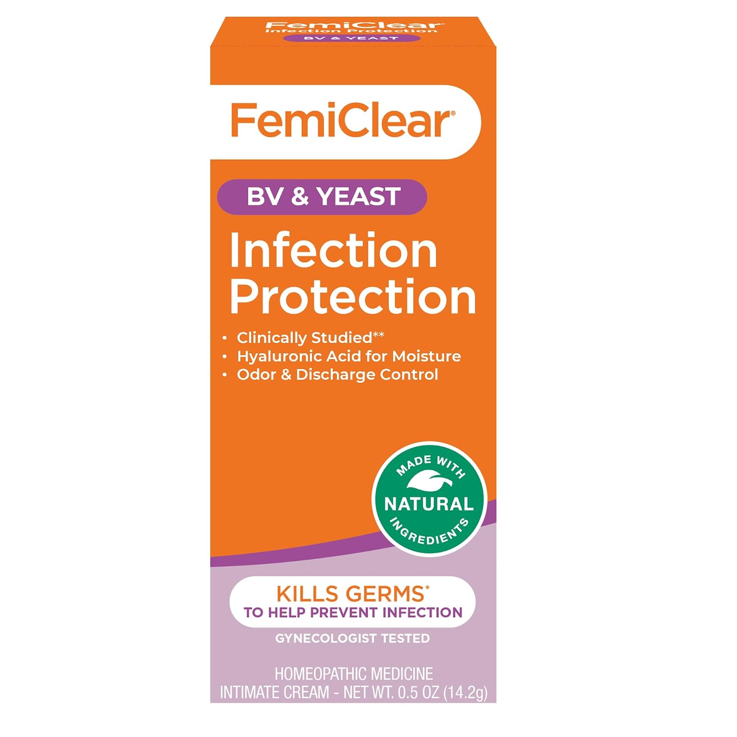 FemiClear BV & Yeast Infection Protection Cream, 0.5 Oz, Helps Protect from Odor, Discharge, and Imbalance, Soothing & Moisturizing Feminine Care with Hyaluronic Acid, Natural Ingredients