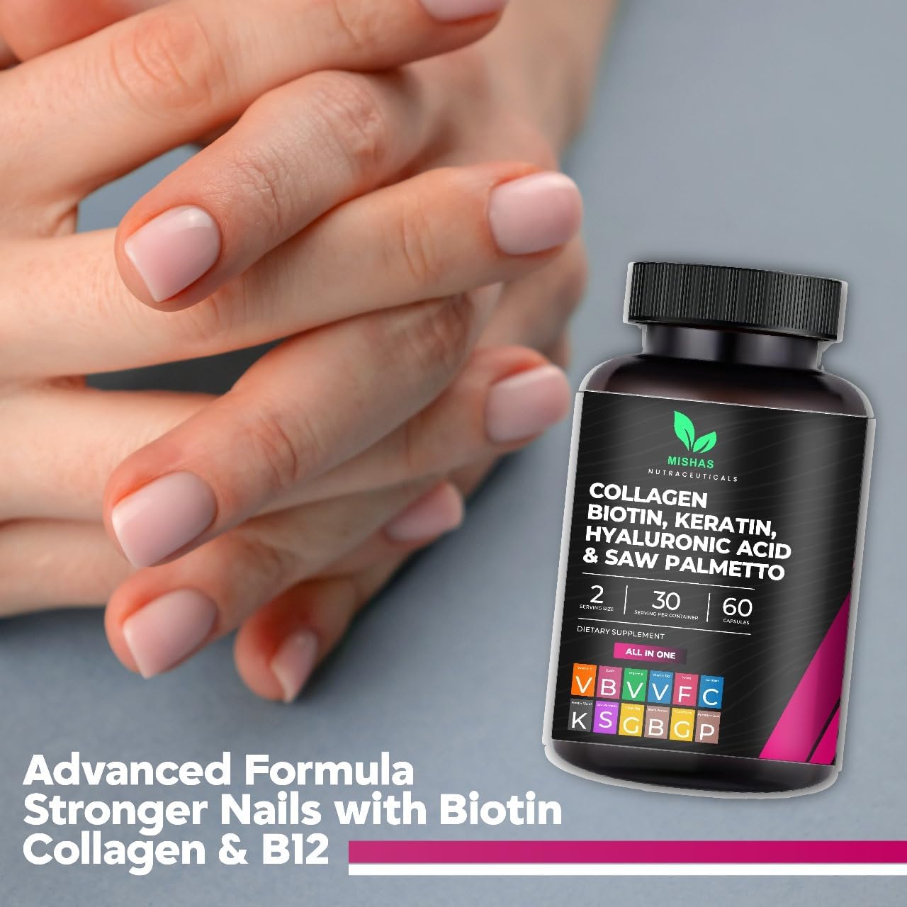 Multi Collagen Hair Pills - Biotin 10,000mcg, Keratin & Hyaluronic Acid - Hair Growth - Hair Skin & Nails Vitamins & DHT Blocker - Vitamin E Folic Acid Pumpkin Seed MSM, Saw Palmetto 60 Vegan Capsules - Image 7