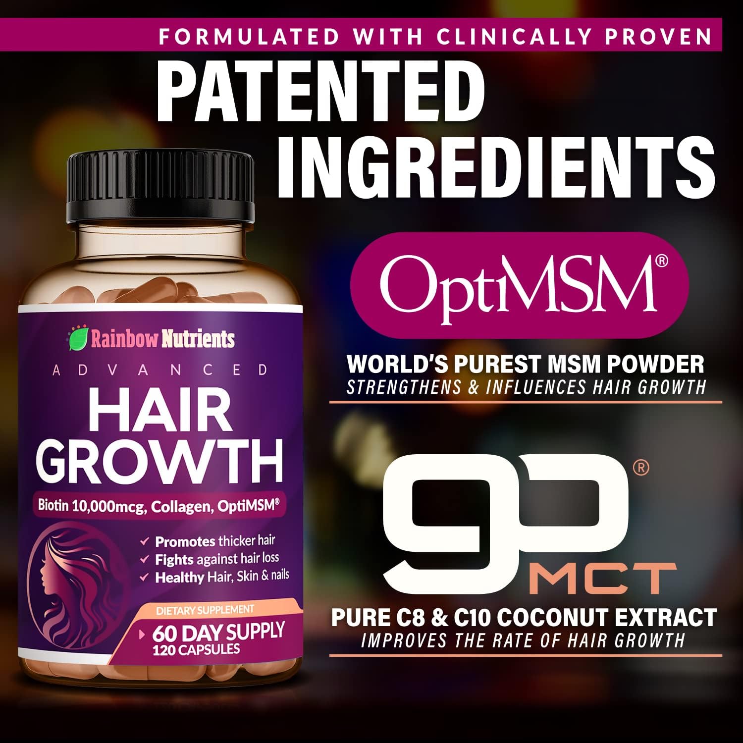 Hair Growth Vitamins for Women | Biotin 10,000mcg, Collagen, Patented OptiMSM®, goMCT®, Saw Palmetto | Naturally Regrow Stronger & Healthier Hair, Skin and Nails | Stops Hair Loss | 60 Day Supply - Image 8
