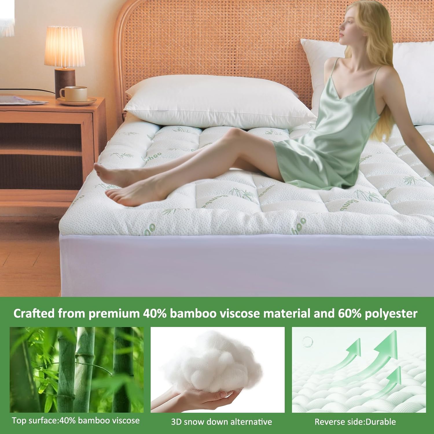 Cooling Mattress Topper Queen – Extra Soft Pillow Top Mattress Pad, Breathable Viscose Made from Bamboo Mattress Protector for Back Pain Relief, Deep Pocket Cover Fits 8–21 Inch - Image 2