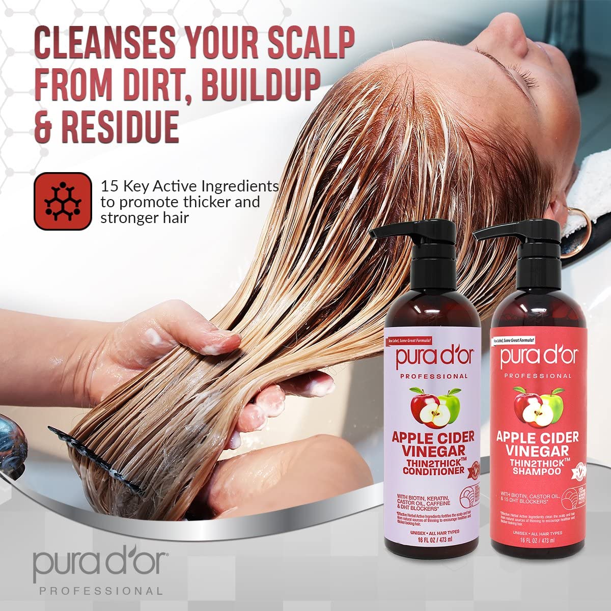 PURA D'OR Anti-Thinning Advanced Therapy Biotin Shampoo & Conditioner Hair Care Set & Apple Cider Vinegar Thin2Thick Set (16oz x 2) ACV Shampoo & Conditioner, Clarifying - Image 6