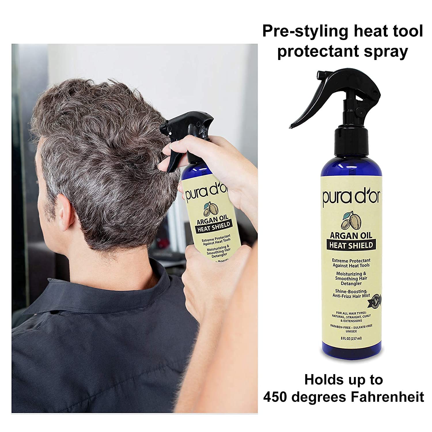 PURA D'OR Anti-Thinning Biotin Shampoo & Conditioner Set & Argan Oil Heat Shield Protectant Spray (8oz) Water Based Formula w/Organic Ingredients, Protects Up To 450º F From Flat Iron & Hot Blow Dry - Image 7