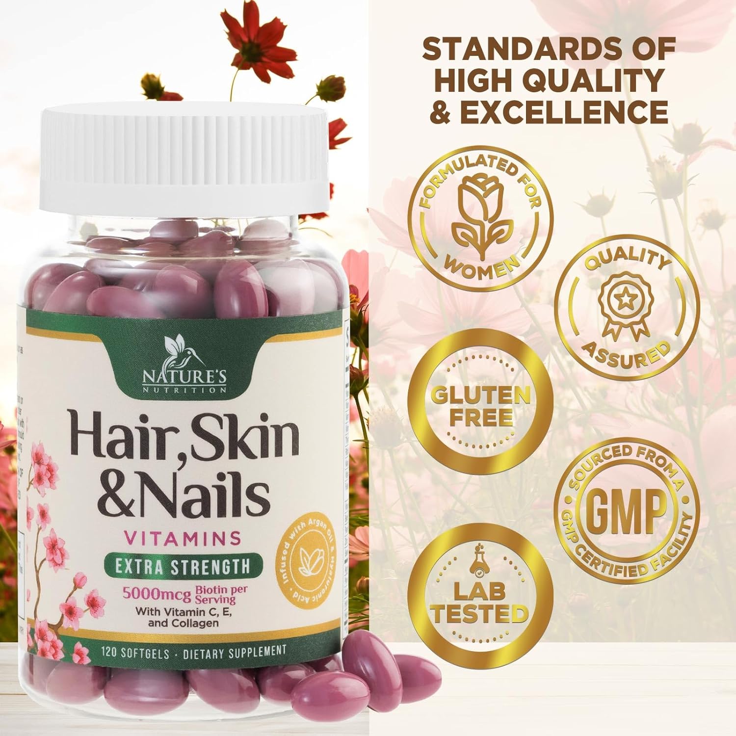 Hair Skin and Nails Vitamins for Hair Growth - Biotin 5000mcg Per Serving - Extra Strength Collagen, Argan Oil & Hyaluronic Acid - Best Beauty Supplement for Women & Men - USA Bottled - 120 Softgels - Image 4
