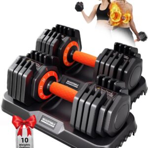 2026 Upgrade Adjustable Dumbbell Set 25lb/50lb, Small Increment in 3-6lb, 1 Hand Quick-Dial, 10-in-1 Adjustable Dumbbells with Tray, Anti-Slip Grip for Home Gym HIIT Strength Training