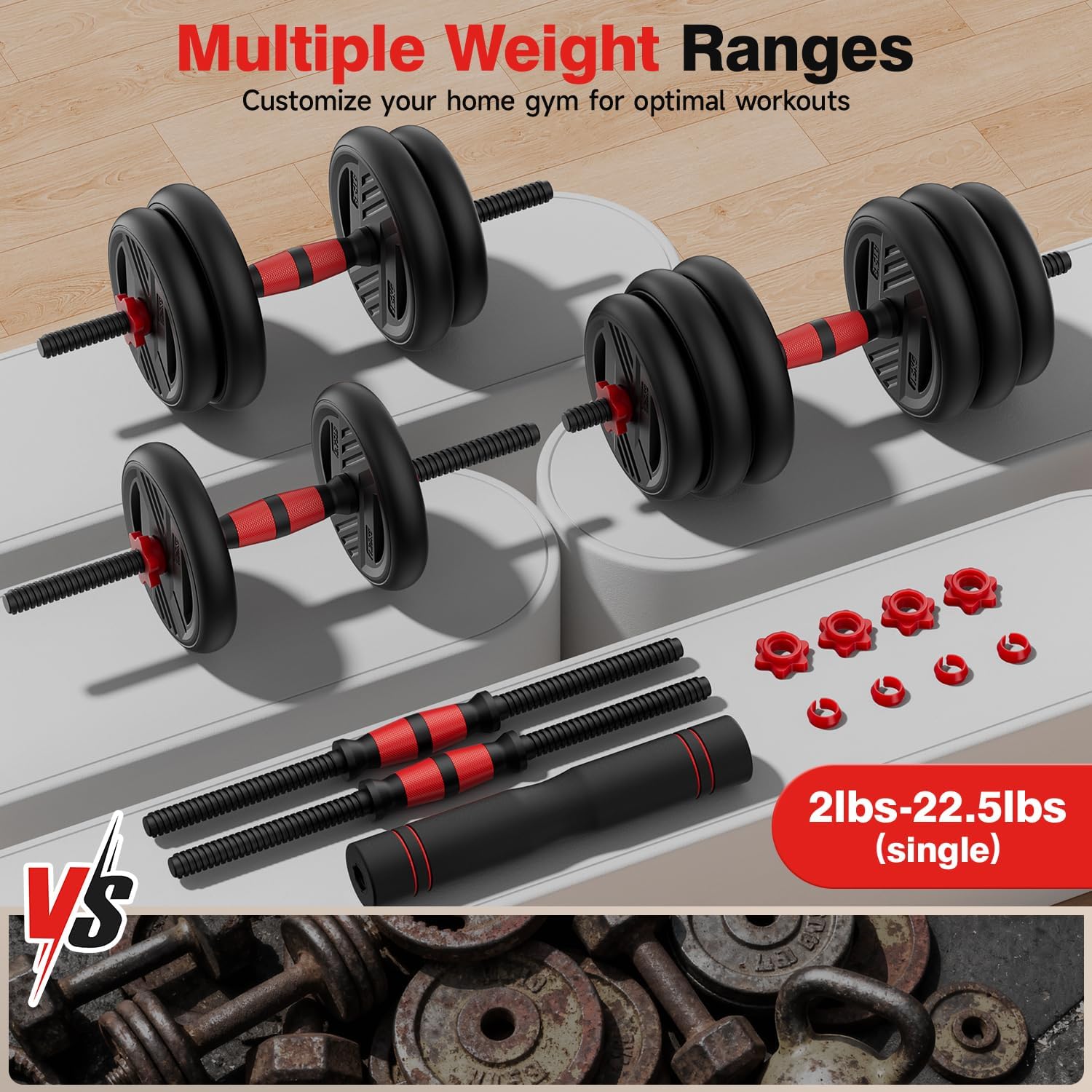 Adjustable Dumbbell Set, 20/30/45/70/90lbs Free Weight Set With Double Locknut, 5-in-1 Dumbbells Set Includes Barbell, Kettlebells, Push up Stand, Weight Plate, Fitness Exercise for Home Gym Suitable Men/Women - Image 3