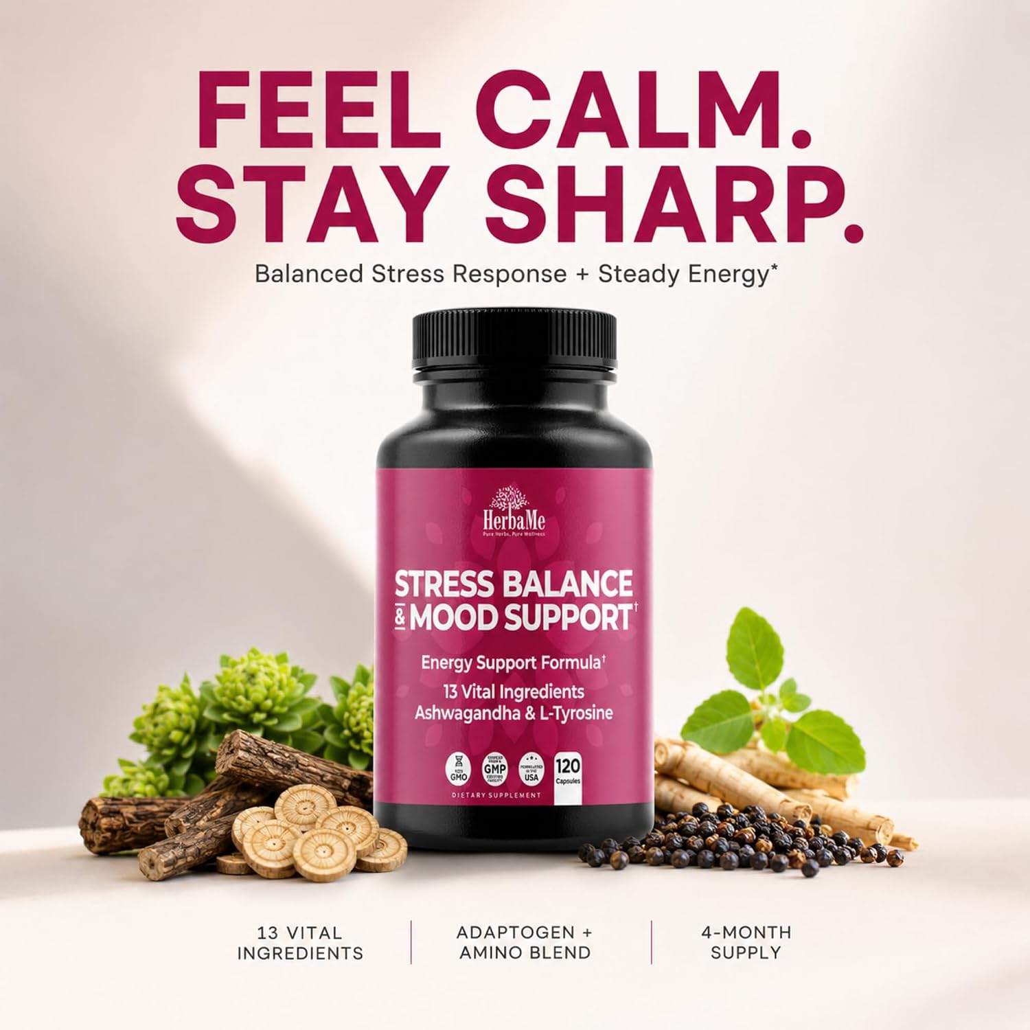 HerbaMe Stress & Mood Support Supplement with Ashwagandha & L-Tyrosine, Energy & Focus Formula, Helps Maintain Balanced Stress Response, 120 Capsules - Image 2
