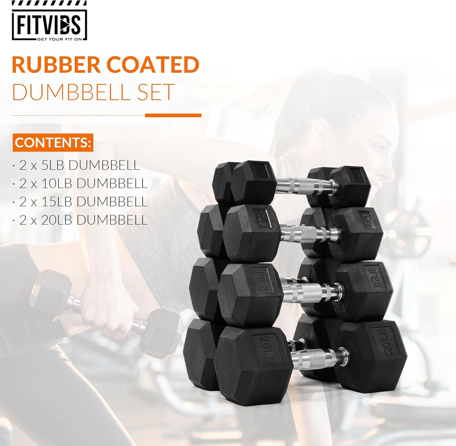 Fitvids Rubber Encased Hex Dumbbell Set Contoured Handle for Muscle Toning, Strength Building & Full Body Workout, 60LB, 100LB, 150LB and 550LB Set - Image 2