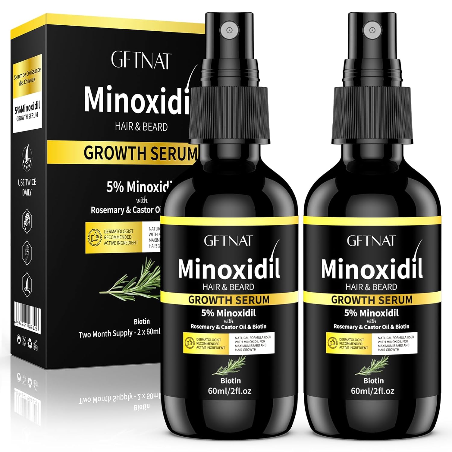5% Minoxidil Spray for Men and Women Hair Loss Solution with Biotin and Rosemary Hair Growth Serum, Extra Strength 5 Percent Minoxidil for Thicker Fuller Hair Regrowth, 1.96 Fl Oz (Pack of 2)