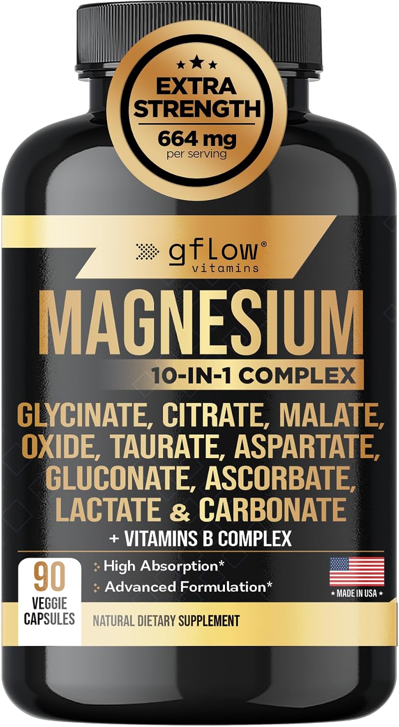 gflow vitamins Magnesium Complex Supplement - 10 Active Forms, Glycinate, Citrate, Malate, Oxide, Taurate, Aspartate, Gluconate, Ascorbate, Lactate, Carbonate, Plus More with Vitamin C B1 B2 B6 B12
