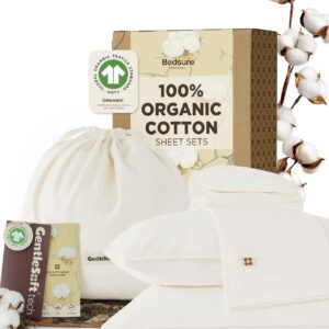 Bedsure 100% GOTS Certified Organic Cotton Sheets, Queen Sheet Set, 17" Deep Pocket Bedsheets with Corner Straps, Eco-Friendly, Soft, Breathable & Luxury PureWoven Cotton Hotel Bedding, 4PCS, Ivory