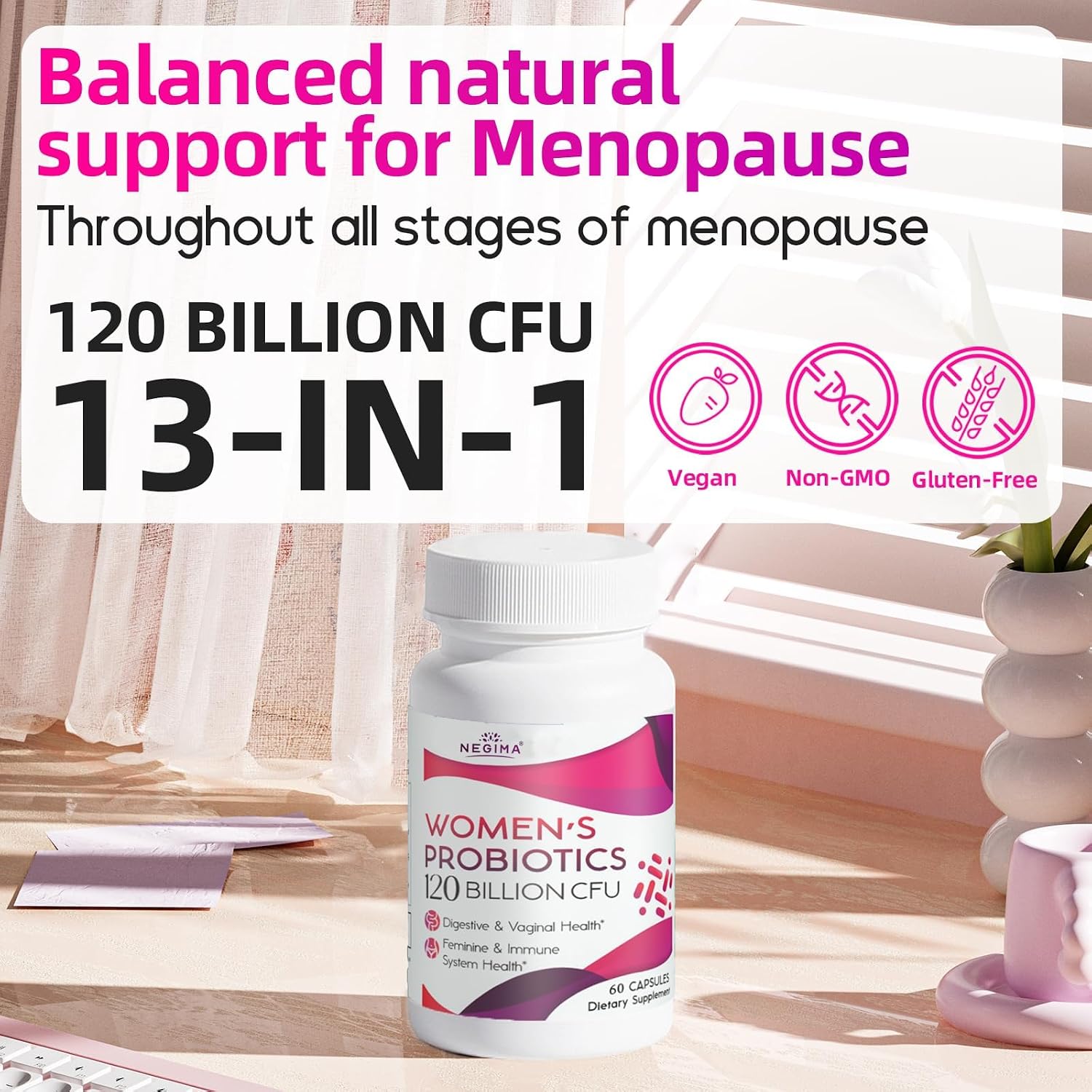 Menopause Supplements for Women, 120 Billion CFUs Probiotics for Women, 13-in-1 Herbs & Botanicals Complex, for Hormone Menopause, Hot Flashes, Night Sweats, Mood Swings, Sleep Disturbances - 240 Cap - Image 7