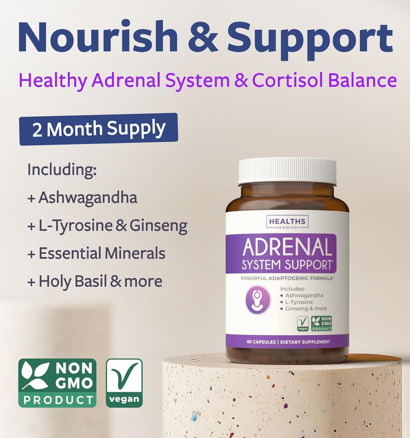 Adrenal System Support & Cortisol Manager (2 Month Supply) Powerful Ashwagandha & L-Tyrosine Fatigue Supplement - Maintain Balanced Cortisol Levels, Health, & Stress Relief - Non-GMO - 60 Capsules - Image 2