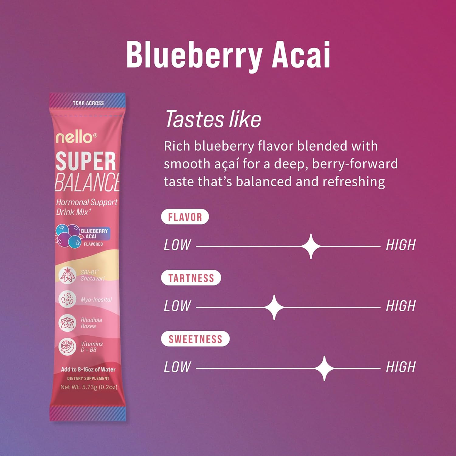 Nello Superbalance Hormonal Support Drink Mix, SRI-81 Shatavari, Myo-Inositol, Rhodiola Rosea, Vitamin C, Magnesium, Theobromine (20 Servings, Blueberry Acai) - Image 2
