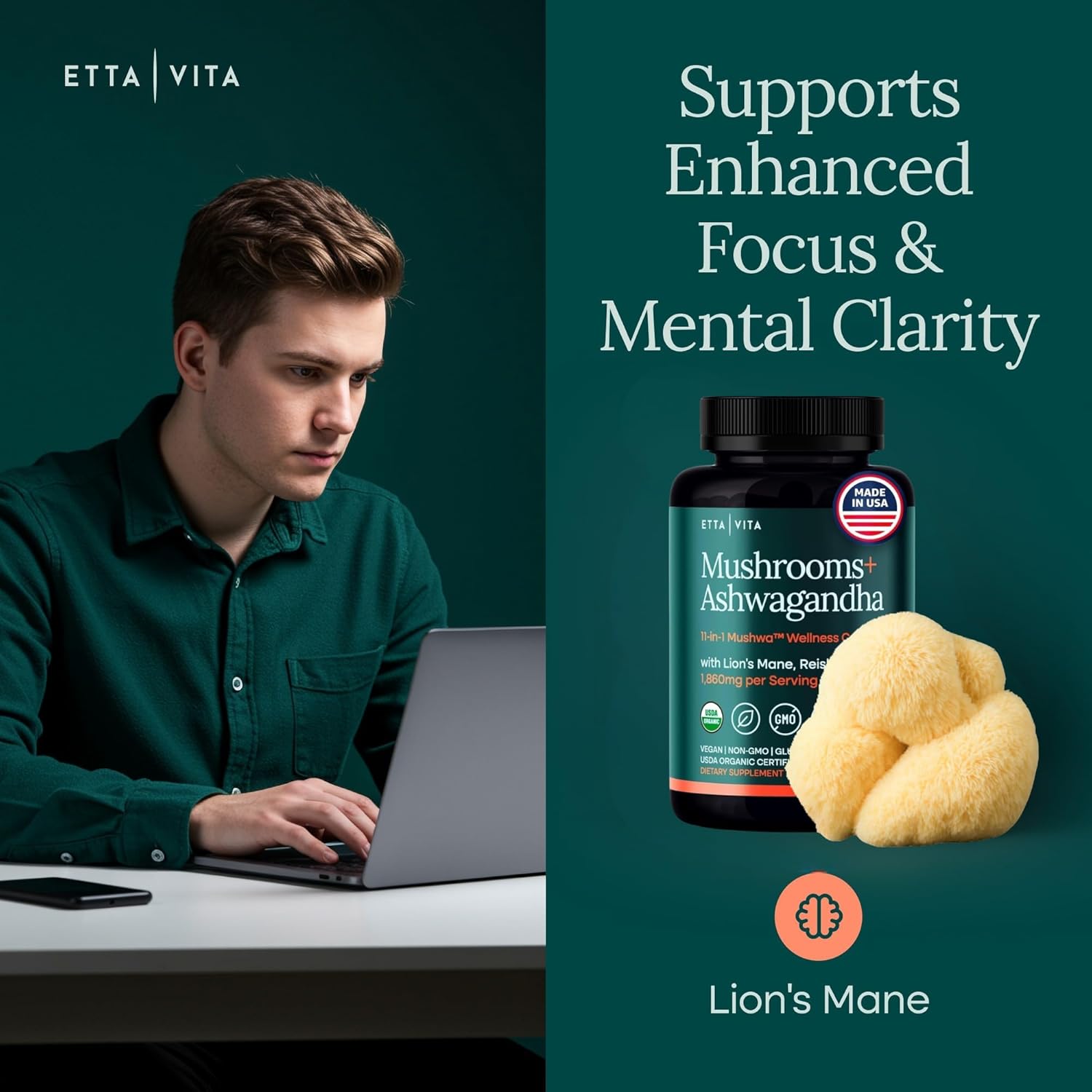 USDA Organic Lions Mane Supplement Capsules with Ashwagandha, Chaga, Reishi, Cordyceps, Turkey Tail - 10x Adaptogenic Mushroom Complex as Focus Supplement - Energy, Immunity & Nootropic - Image 3