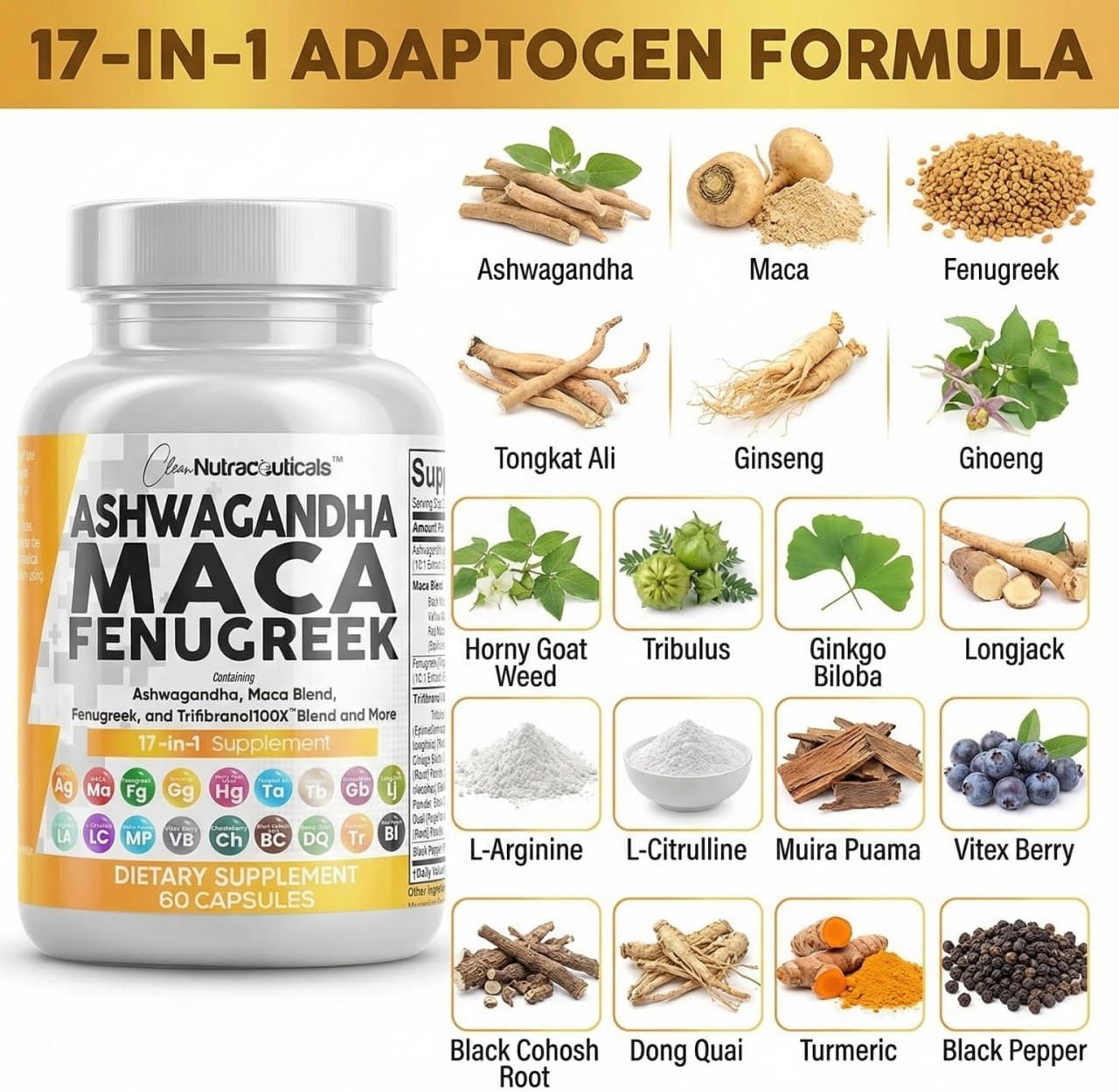 Clean Nutraceuticals Ashwagandha Maca Root Fenugreek Supplement with Tongkat Ali Ginseng - Assists with Stress, Mood & Thyroid - Ashwagandha Capsules Fenugreek Caps - 1 Pack - Image 4
