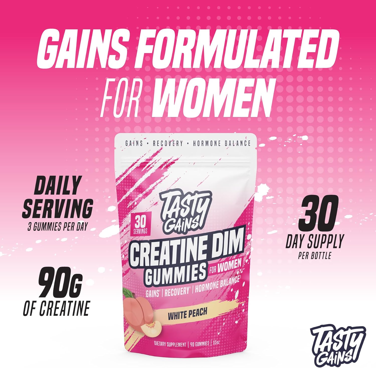 Creatine Gummies for women | 3g Creatine Monohydrate Per Serving | DIM Supplement 100 mg | Estrogen Balance for Women | Hormonal Acne, Hormone Balance, Glute Builder (90 Count, White Peach) - Image 3