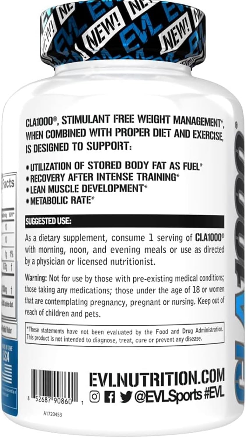 Evlution Conjugated Linoleic Acid CLA Supplement Nutrition Lean Muscle Mass Builder & Fat Burner for Men and Women - Stimulant-Free Safflower Based CLA 1000mg Blend Per Serving (90 Servings) - Image 2