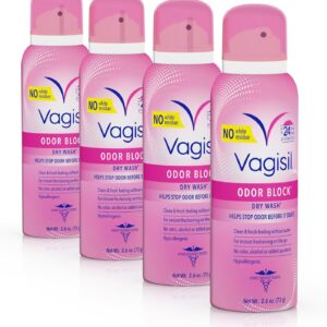 Vagisil Odor Block Dry Wash Spray for Feminine Hygiene, Gynecologist Tested, Hypoallergenic, 2.6 Ounces (Pack of 4)