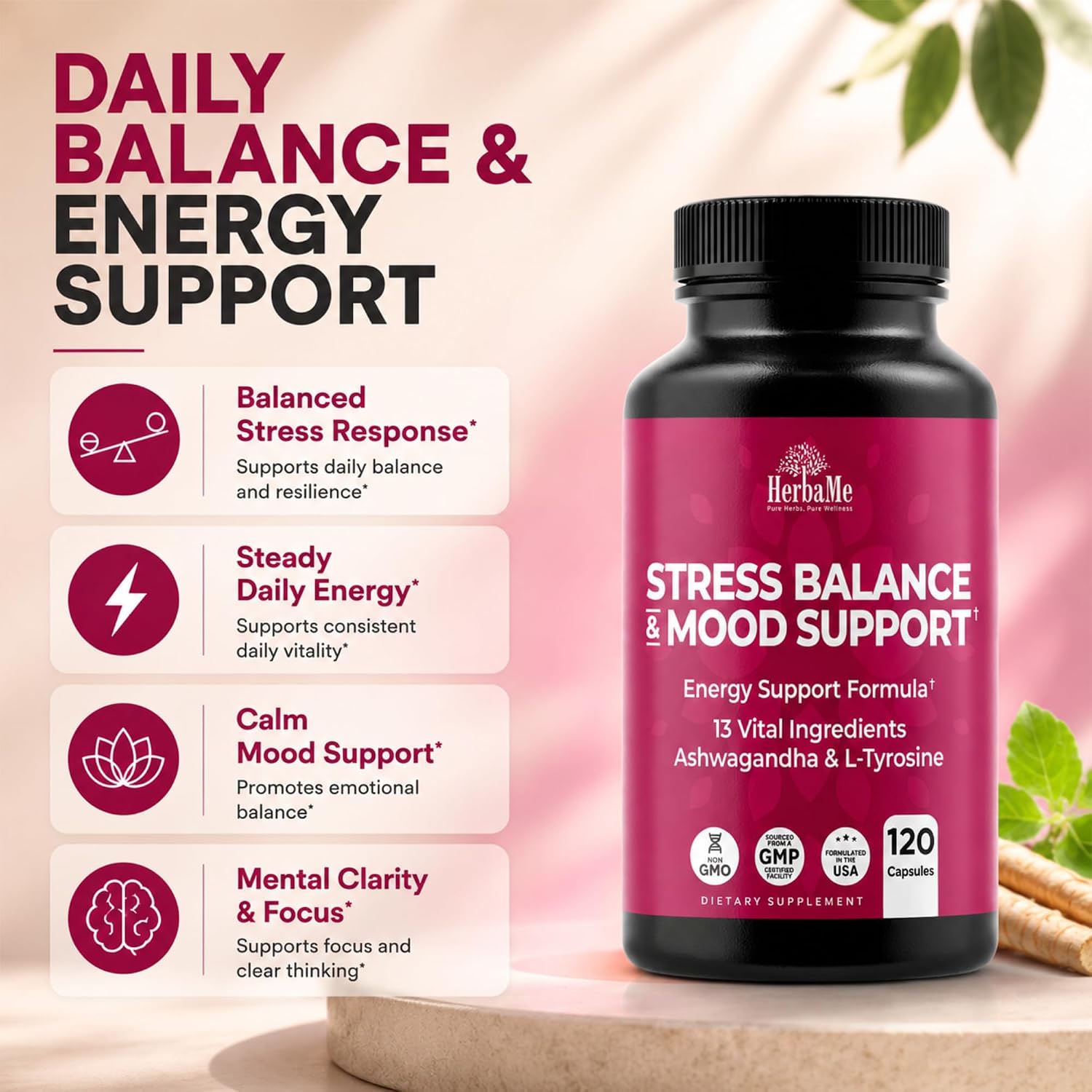 HerbaMe Stress & Mood Support Supplement with Ashwagandha & L-Tyrosine, Energy & Focus Formula, Helps Maintain Balanced Stress Response, 120 Capsules - Image 3