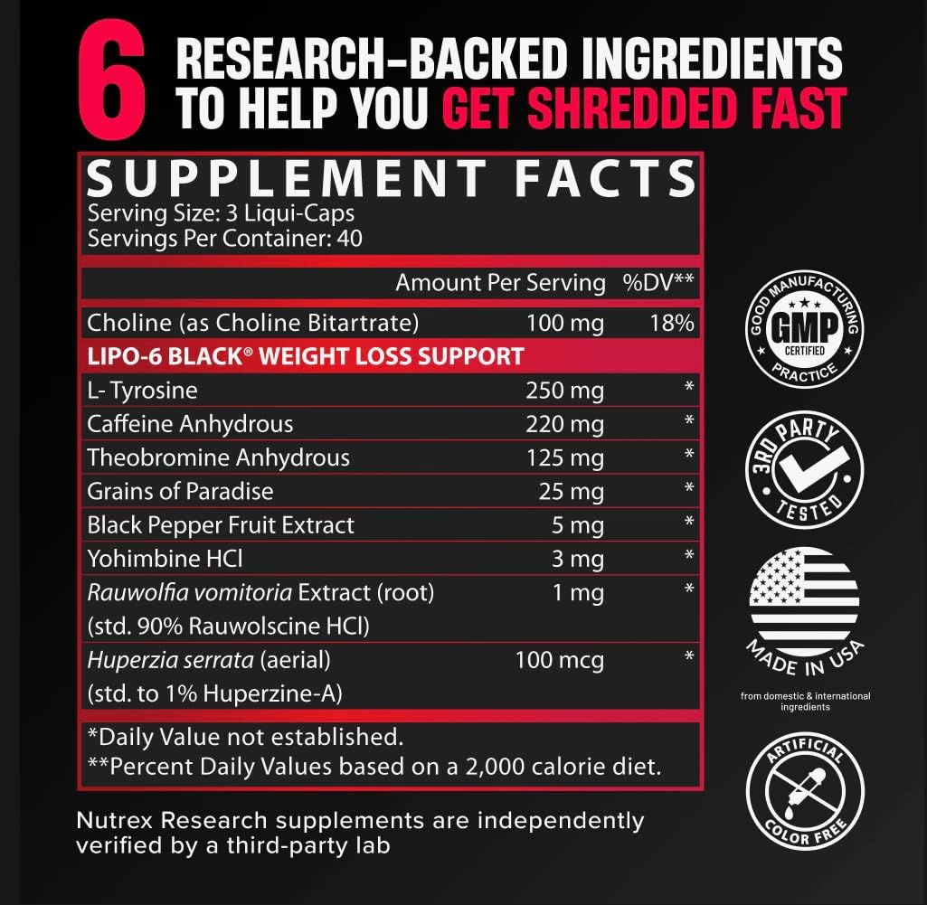 Nutrex Lipo-6 Black Max Strength Fat Burner - Fast Acting Energy, Weight Loss Diet Pills – Appetite Suppressant, Metabolism Booster - 120 Capsules - Image 3
