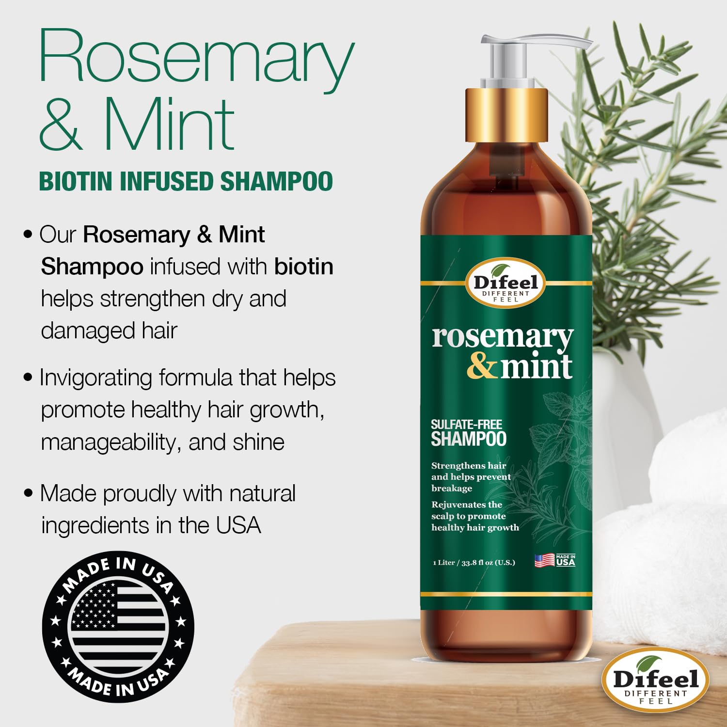 Difeel Rosemary Mint Strengthening Shampoo with Biotin 33.8 oz. - Made with Natural Rosemary Oil for Hair Growth - Image 3