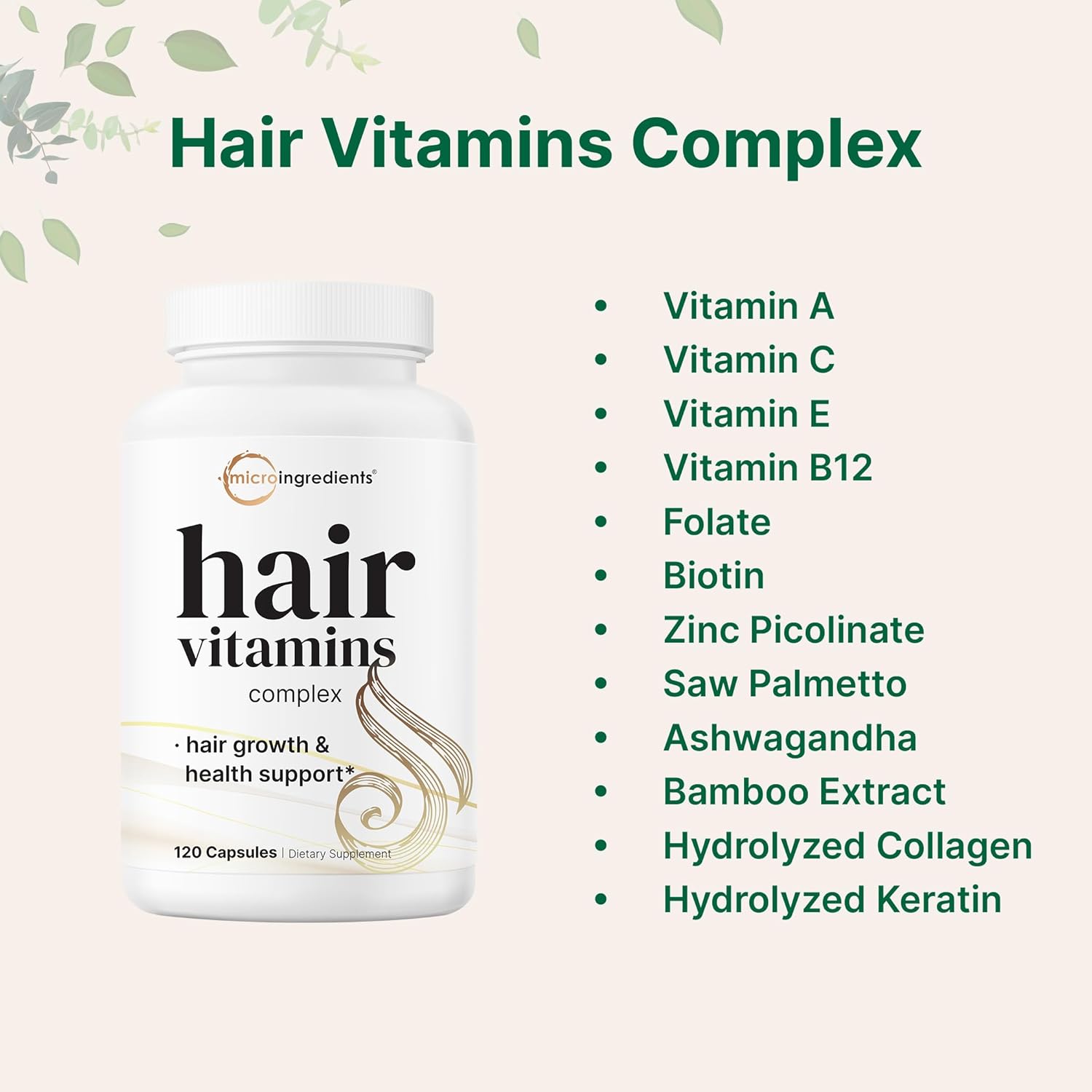 Micro Ingredients Hair Vitamins Complex, 120 Capsules | Hair Supplements for Women & Men with Hydrolyzed Collagen, Keratin, Methylfolate, Bamboo Extract, Vitamin C, Biotin, Saw Palmetto, & More - Image 5