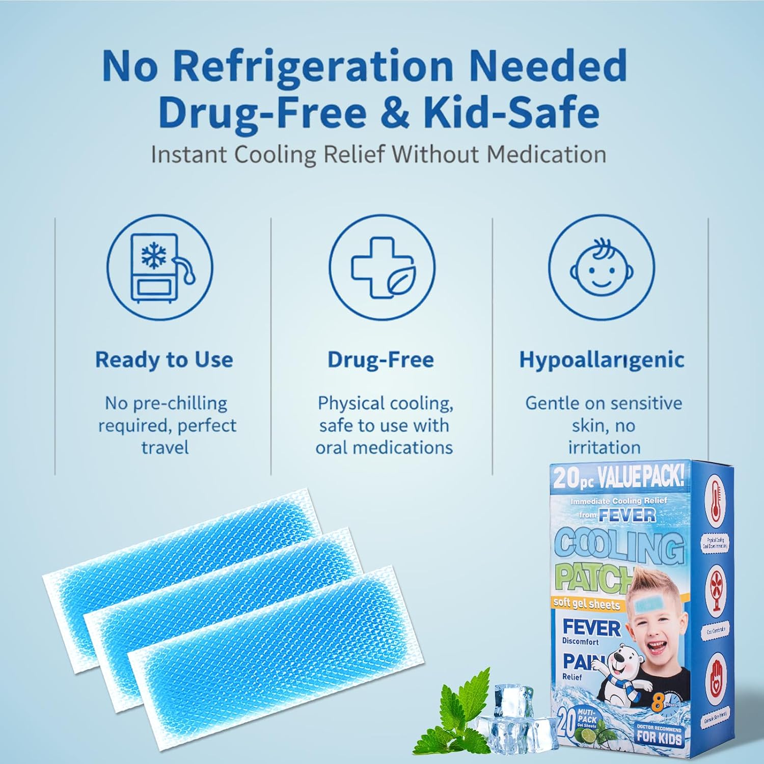 Cooling Gel Sheets for Forehead and Neck, Mint Scent - Single Pre-Moistened Patch 5 x 2 Inch, No Refrigeration Needed, Individually Wrapped, Non-Greasy, Portable for Adults and Kids - Image 3