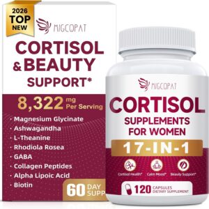 Migcopat 17-in-1 Cortisol Supplements for Women, 8322mg with Collagen, Magnesium Glycinate, Ashwagandha, L-Theanine for Relaxation, Stress and Sleep Support, Cortisol Reducer for Women- 120 Capsules