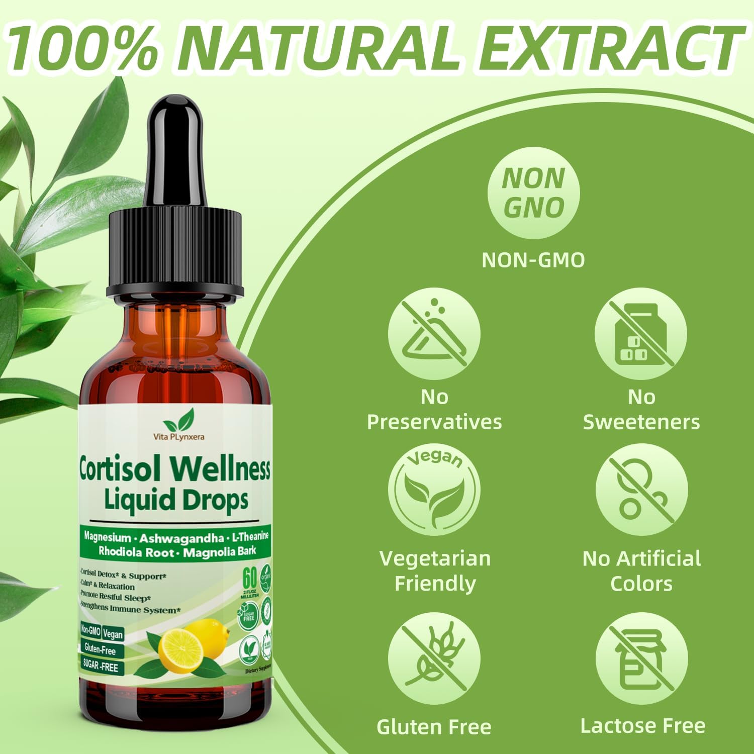 Vita PLynxera Cortisol Supplement Liquid Drops, 17-in-1 Cortisol Detox w. Magnesium Glycinate 400mg Ashwagandha, L-Theanine, Phosphatidylserine, Hormone Balanced for Women, Mood Focus, Sleep Support - Image 2