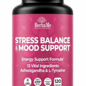 HerbaMe Stress & Mood Support Supplement with Ashwagandha & L-Tyrosine, Energy & Focus Formula, Helps Maintain Balanced Stress Response, 120 Capsules