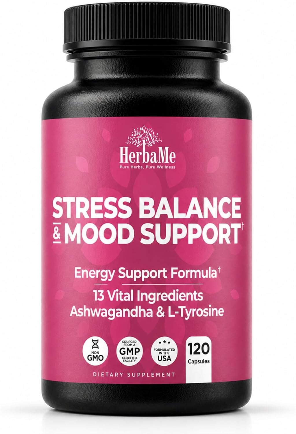 HerbaMe Stress & Mood Support Supplement with Ashwagandha & L-Tyrosine, Energy & Focus Formula, Helps Maintain Balanced Stress Response, 120 Capsules