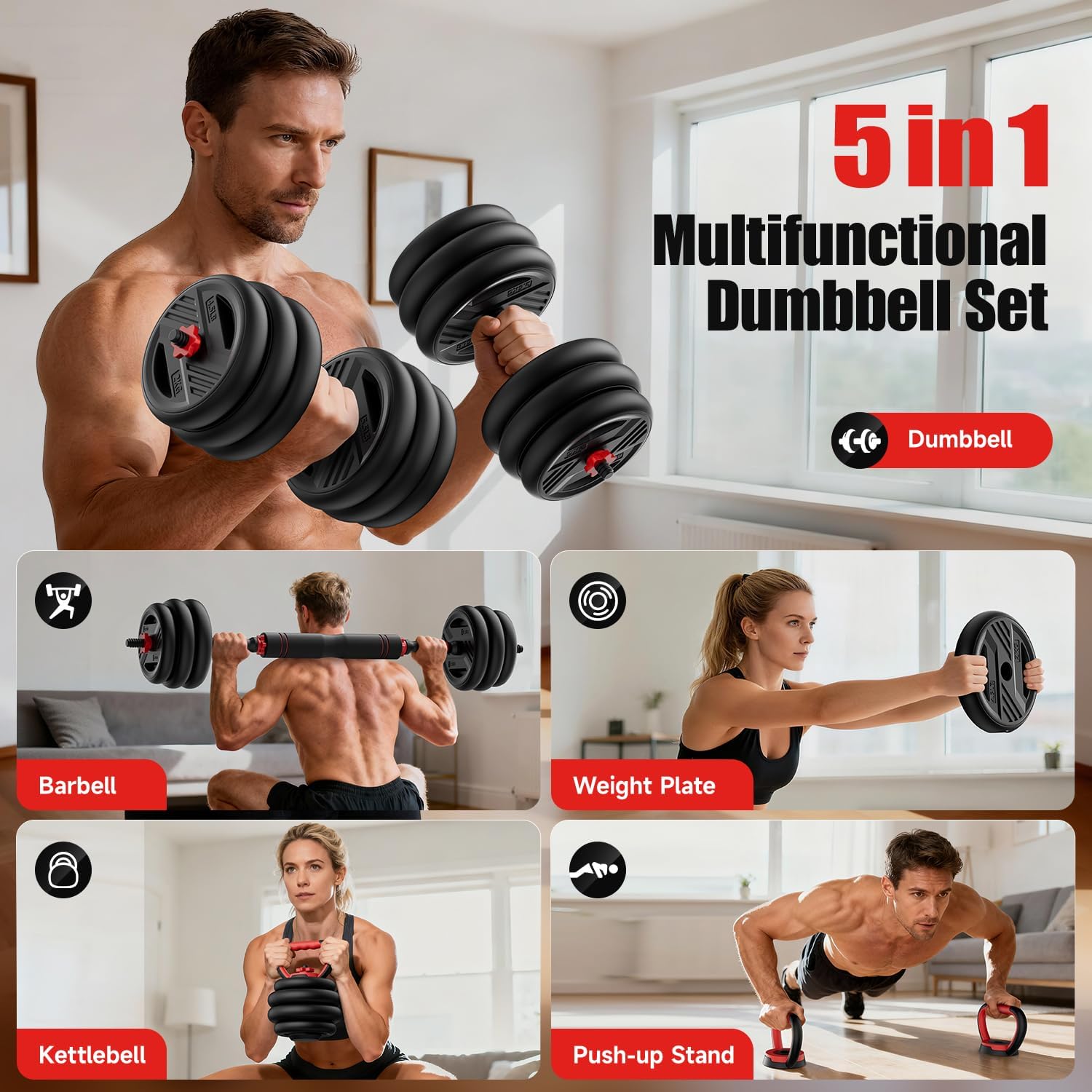 Adjustable Dumbbell Set, 20/30/45/70/90lbs Free Weight Set With Double Locknut, 5-in-1 Dumbbells Set Includes Barbell, Kettlebells, Push up Stand, Weight Plate, Fitness Exercise for Home Gym Suitable Men/Women - Image 2