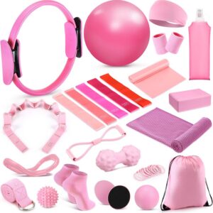 Halloscume 24 Pcs Home Pilates Essentials Kit for Women, Pilates Equipment Ring and Ball Set with Stretching Strap, Water Bottle, Magic Circle, Yoga Ring, Gym Bag, Resistance Band, Anti Slip Socks