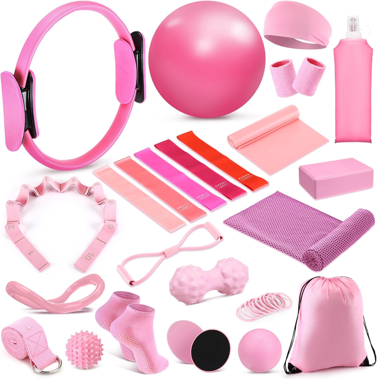Halloscume 24 Pcs Home Pilates Essentials Kit for Women, Pilates Equipment Ring and Ball Set with Stretching Strap, Water Bottle, Magic Circle, Yoga Ring, Gym Bag, Resistance Band, Anti Slip Socks