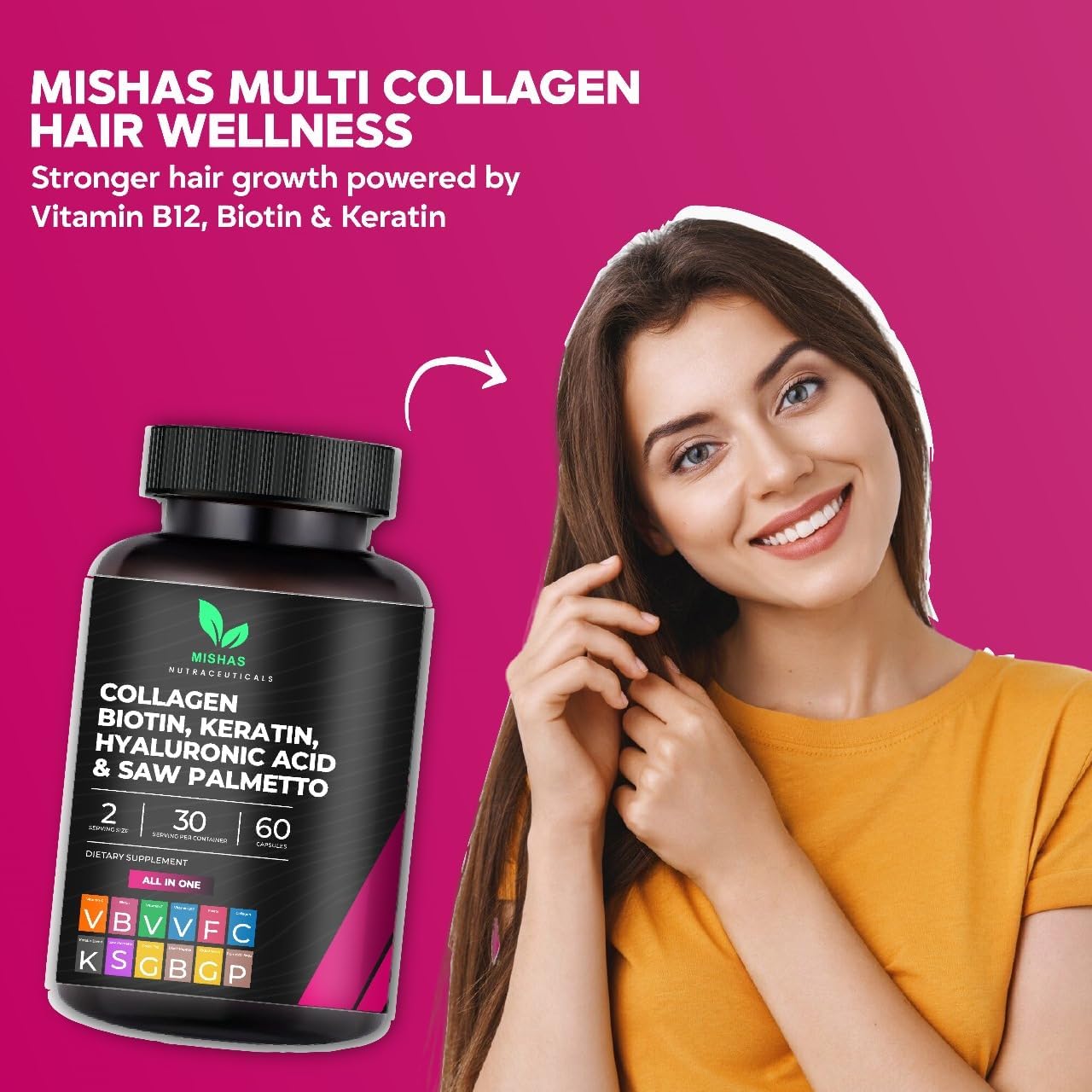 Multi Collagen Hair Pills - Biotin 10,000mcg, Keratin & Hyaluronic Acid - Hair Growth - Hair Skin & Nails Vitamins & DHT Blocker - Vitamin E Folic Acid Pumpkin Seed MSM, Saw Palmetto 60 Vegan Capsules - Image 6