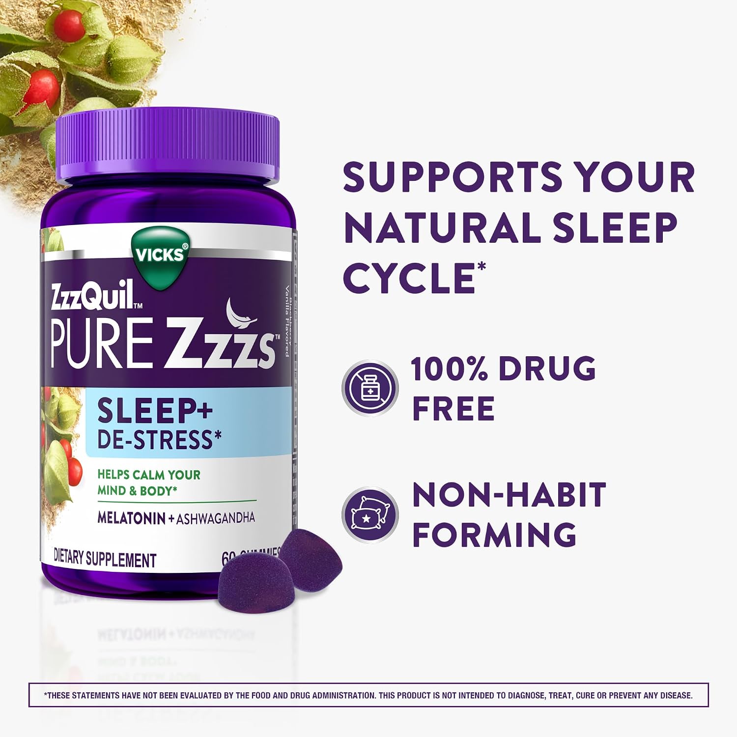 ZzzQuil PURE Zzzs De-Stress 2mg Melatonin Gummies, , Sleep Aids for Adults, Ashwagandha for Stress Support, 60 Gummies - Image 3
