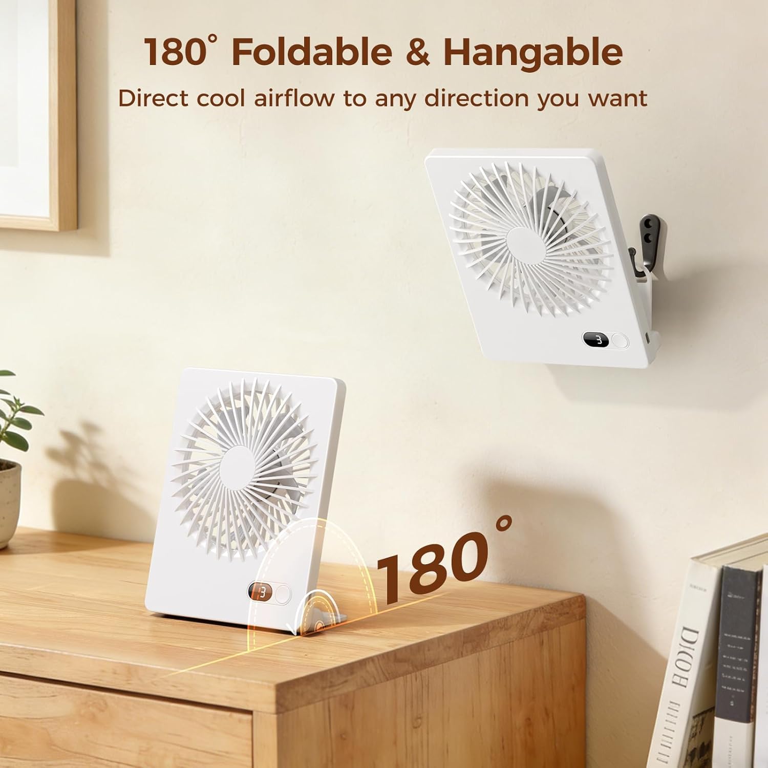 Zuvas Desk Fan Battery Operated Fan Rechargeable 180°Tilt Folding Personal Fan Ultra Quiet Small Portable 3 Speed Adjustable Strong Wind Fan For Office Bedroom Home Desktop Camping (White) - Image 6