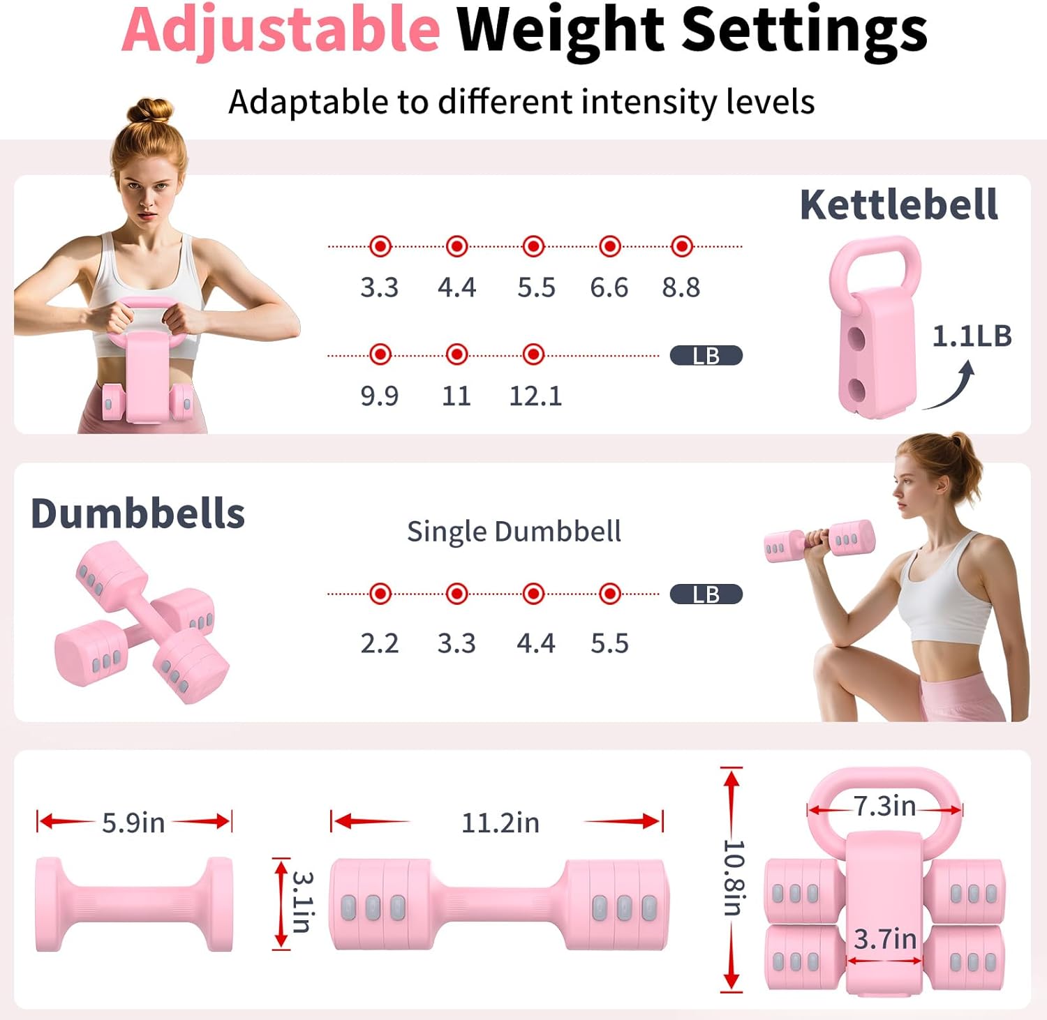 Hezeyferg 2-in-1 Adjustable Dumbbells Set, 4 Levels Weight Dumbbells Set for Women Men, Each 2.2/3.3/4.4/5.5lb Hand Weights with Kettlebell Form for Home Gym Exercise Training - Image 3