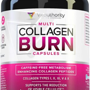 Multi Collagen Burn: Multi-Type Hydrolyzed Protein Peptides with Hyaluronic Acid, Vitamin C, SOD B Dimpless, Types I, II, III, V and X, Caffeine-Free (Unflavored Capsules)