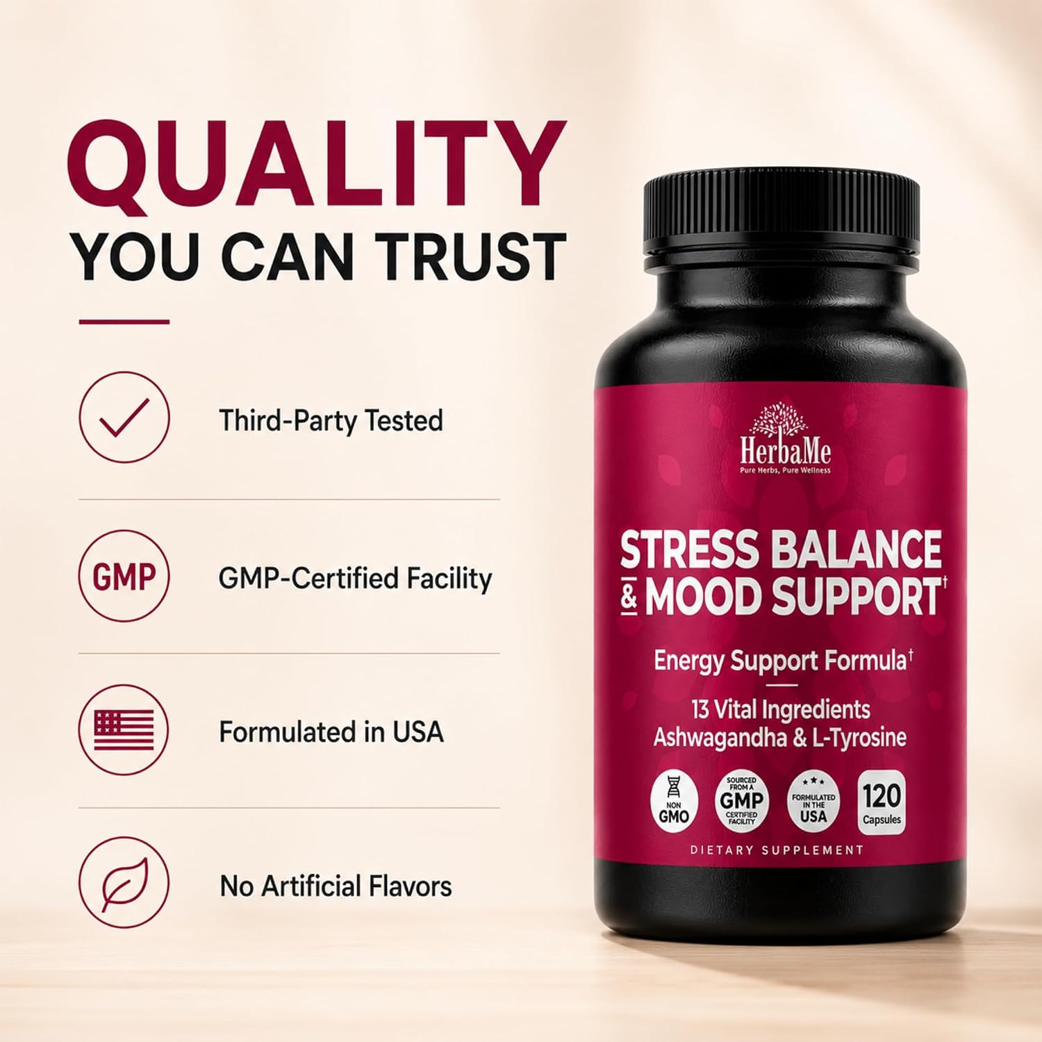 HerbaMe Stress & Mood Support Supplement with Ashwagandha & L-Tyrosine, Energy & Focus Formula, Helps Maintain Balanced Stress Response, 120 Capsules - Image 8