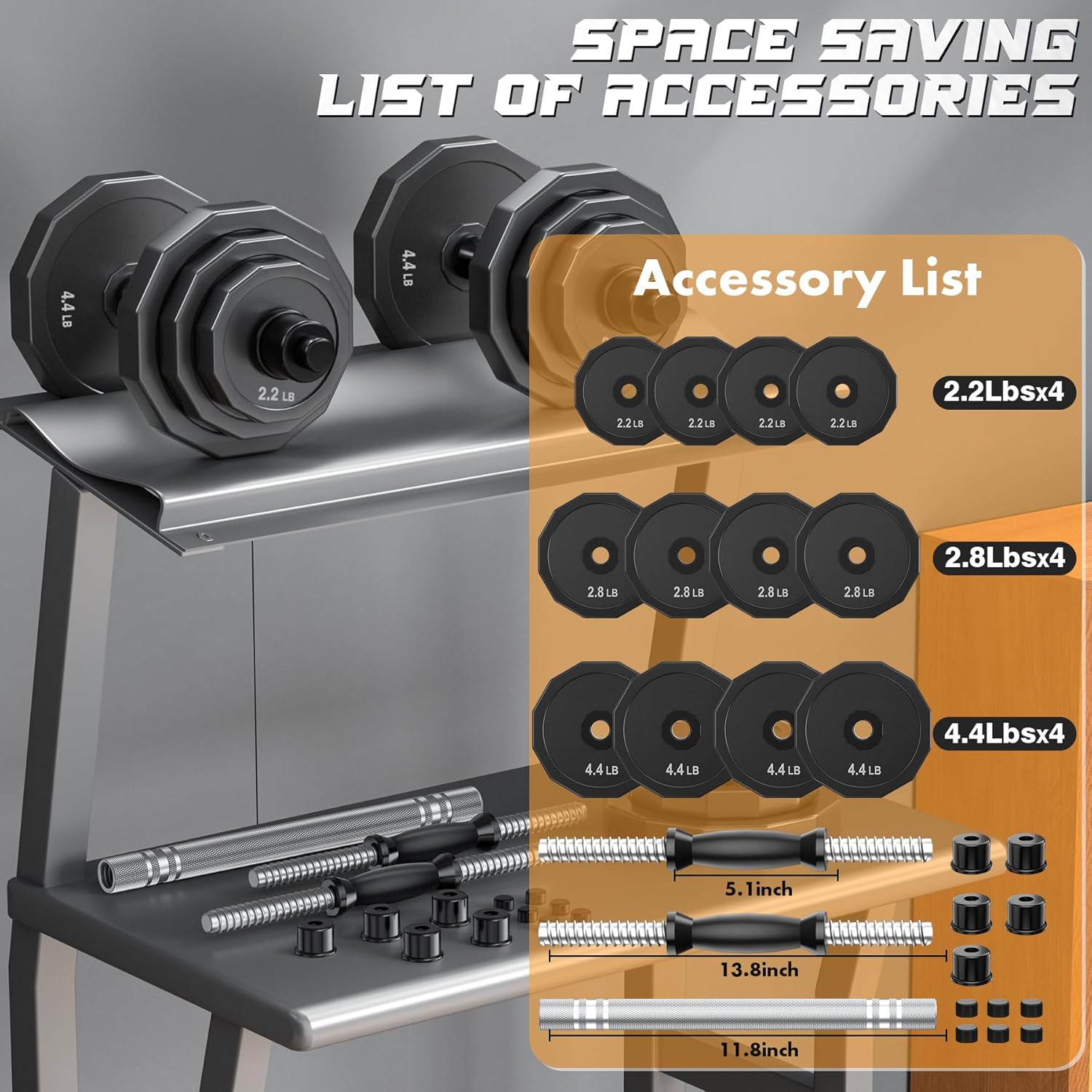 KISS GOLD Weights Dumbbells Set, Adjustable Dumbbell Sets 22Lbs 44Lbs 66Lbs 88Lbs with Solid Steel, Barbell Free Weight Set with Connector Workout Home Gym Equipment for Men Women Strength Training Shaping - Image 6
