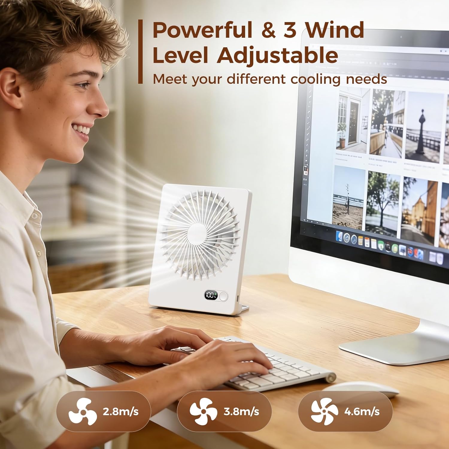 Zuvas Desk Fan Battery Operated Fan Rechargeable 180°Tilt Folding Personal Fan Ultra Quiet Small Portable 3 Speed Adjustable Strong Wind Fan For Office Bedroom Home Desktop Camping (White) - Image 2