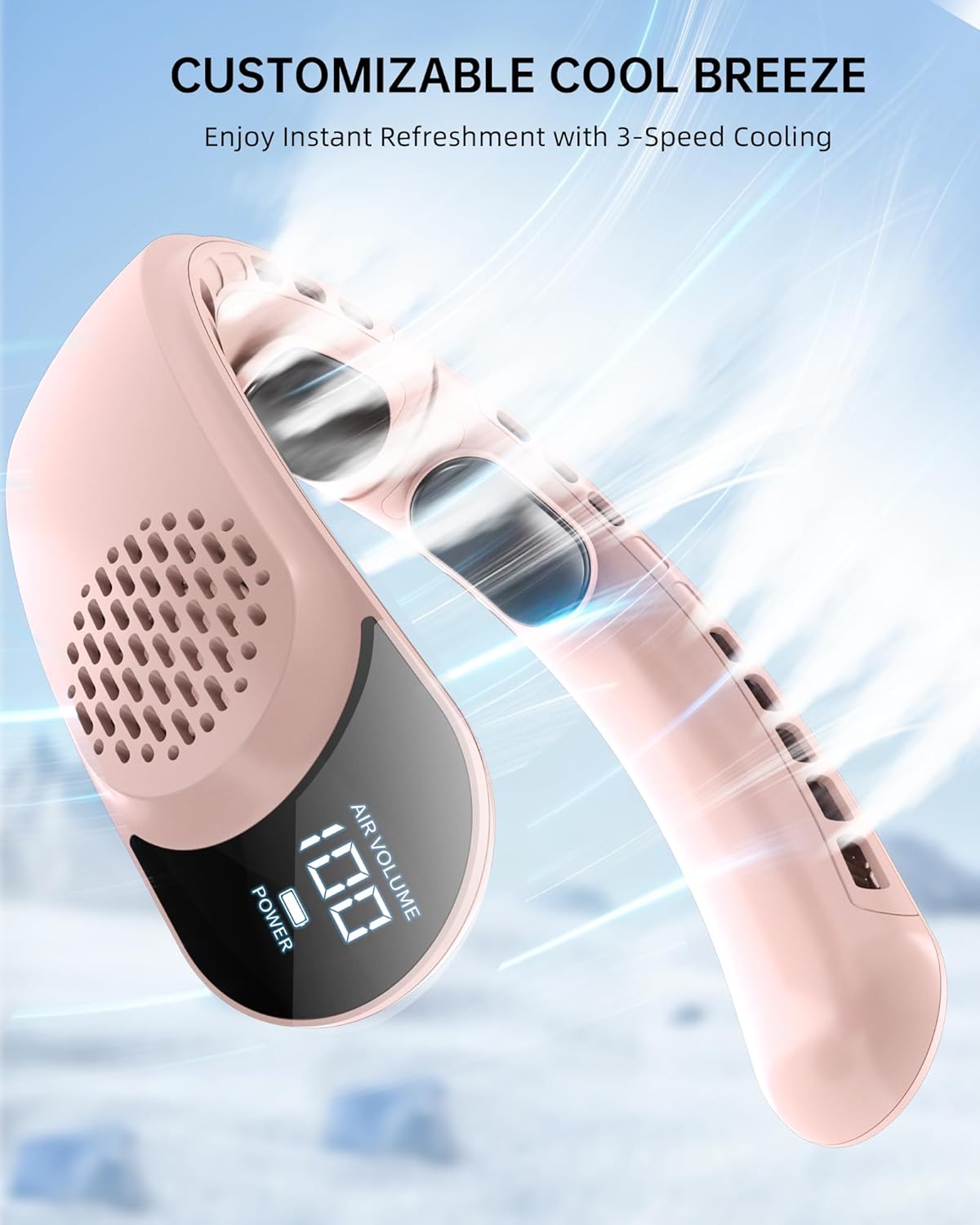 FrSara Rechargeable Neck Fan, Personal Fan with LED Display, 3 Speeds with 4000mAh Battery Powered, Supports USB TYPE-C, Portable, Ideal & Quiet for Women, Men Travel, Outdoor, Pink - Image 2